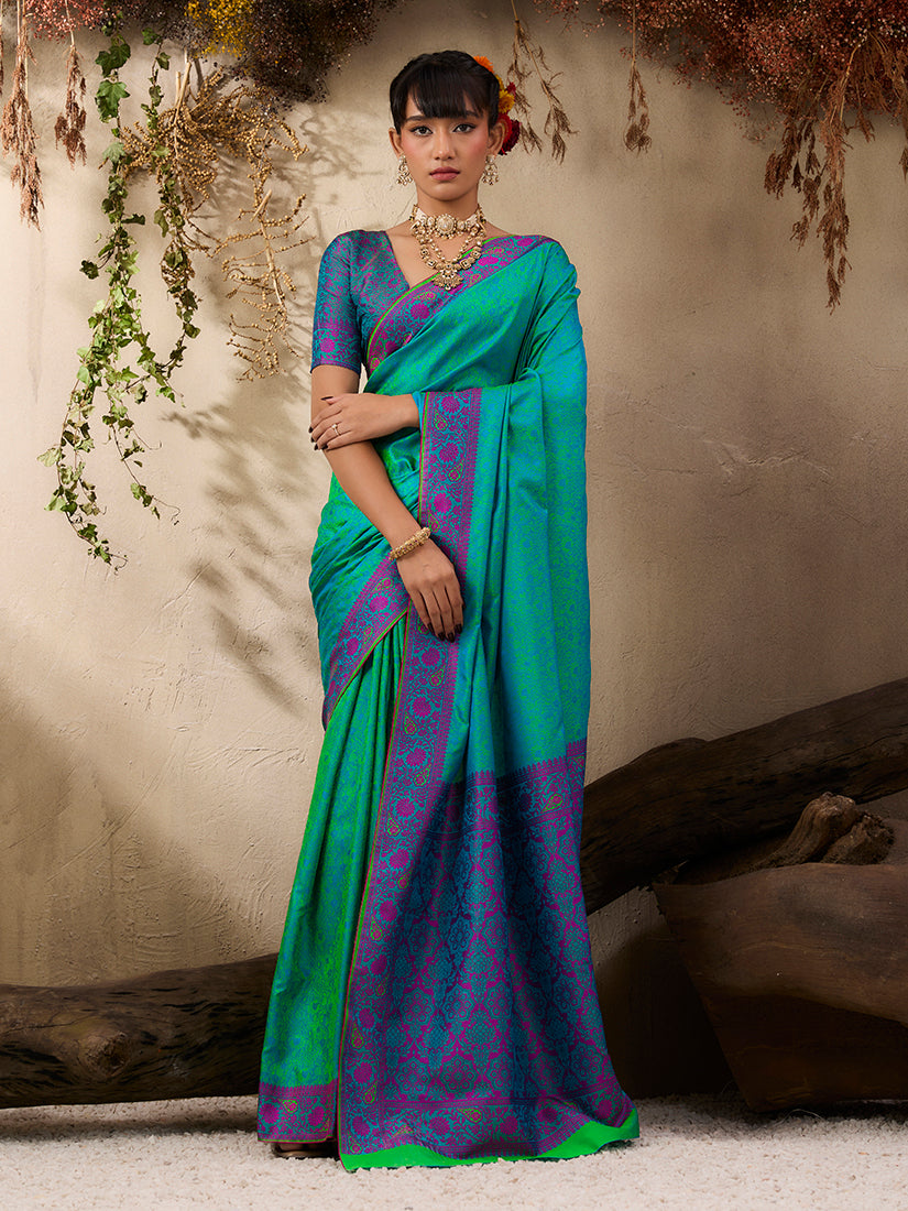Monjolika Fashion Turquoise woven Kanjivaram Silk Blend Saree