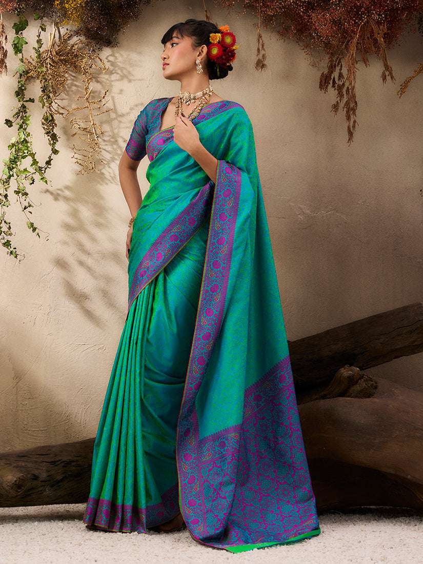 Monjolika Fashion Turquoise woven Kanjivaram Silk Blend Saree