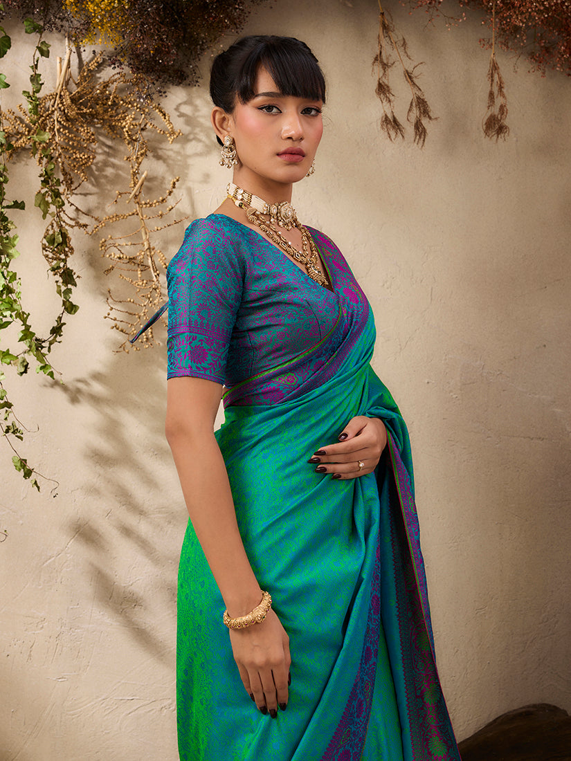 Monjolika Fashion Turquoise woven Kanjivaram Silk Blend Saree