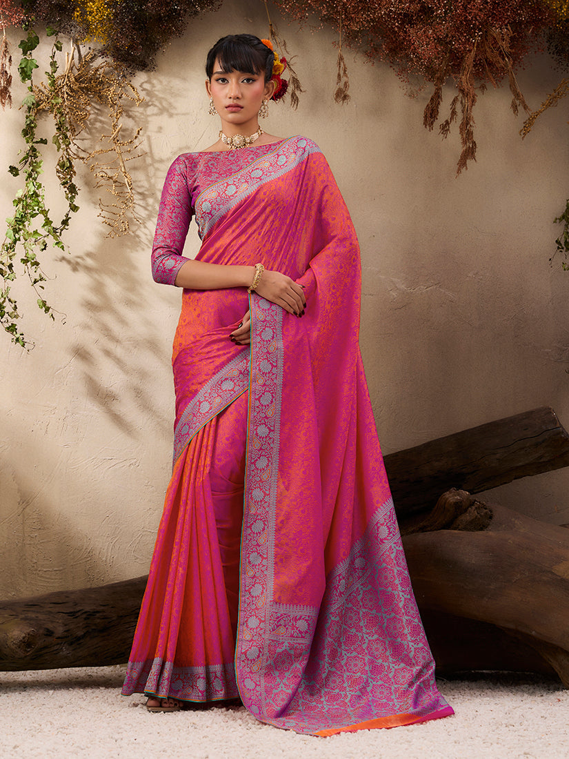 Monjolika Fashion Salmon woven Kanjivaram Silk Blend Saree