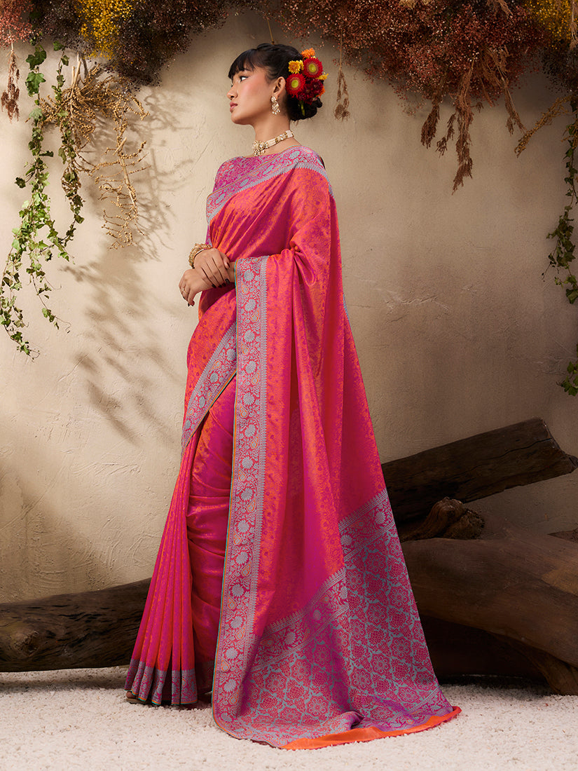 Monjolika Fashion Salmon woven Kanjivaram Silk Blend Saree