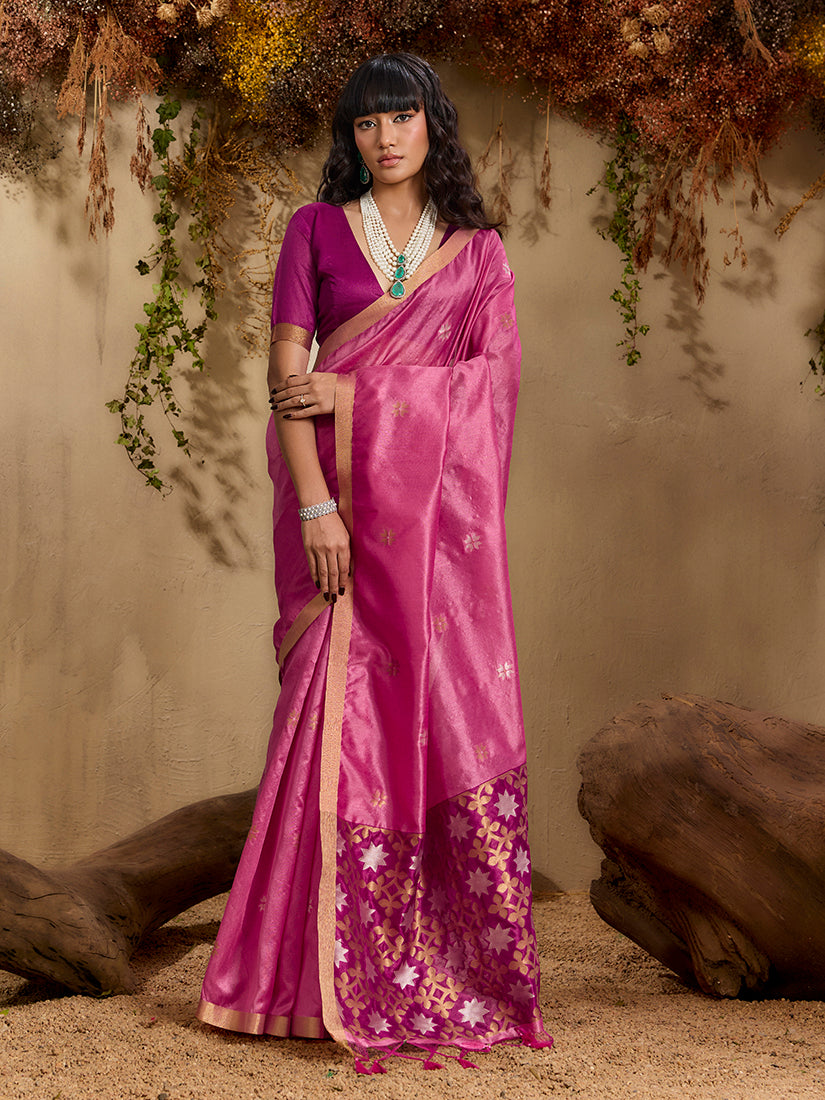 Monjolika Fashion Tussar Silk Blend woven Work Saree in Pink