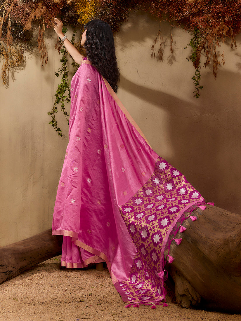 Monjolika Fashion Tussar Silk Blend woven Work Saree in Pink