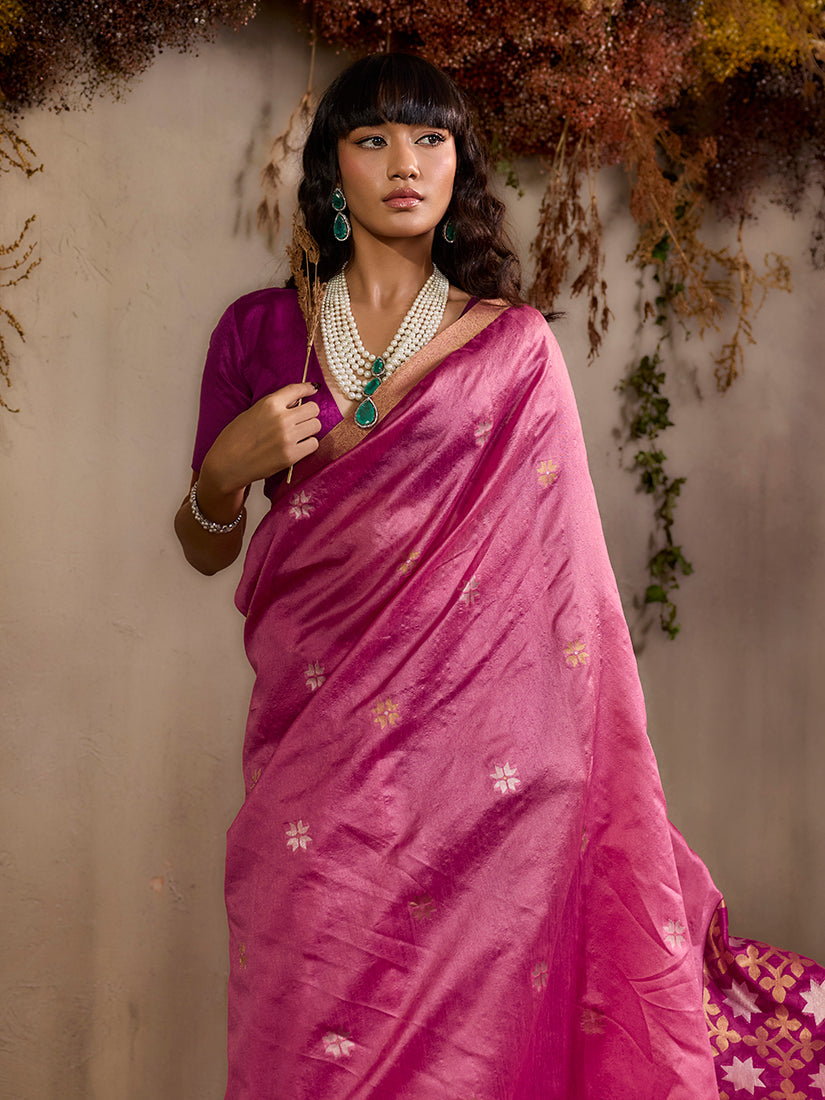 Monjolika Fashion Tussar Silk Blend woven Work Saree in Pink