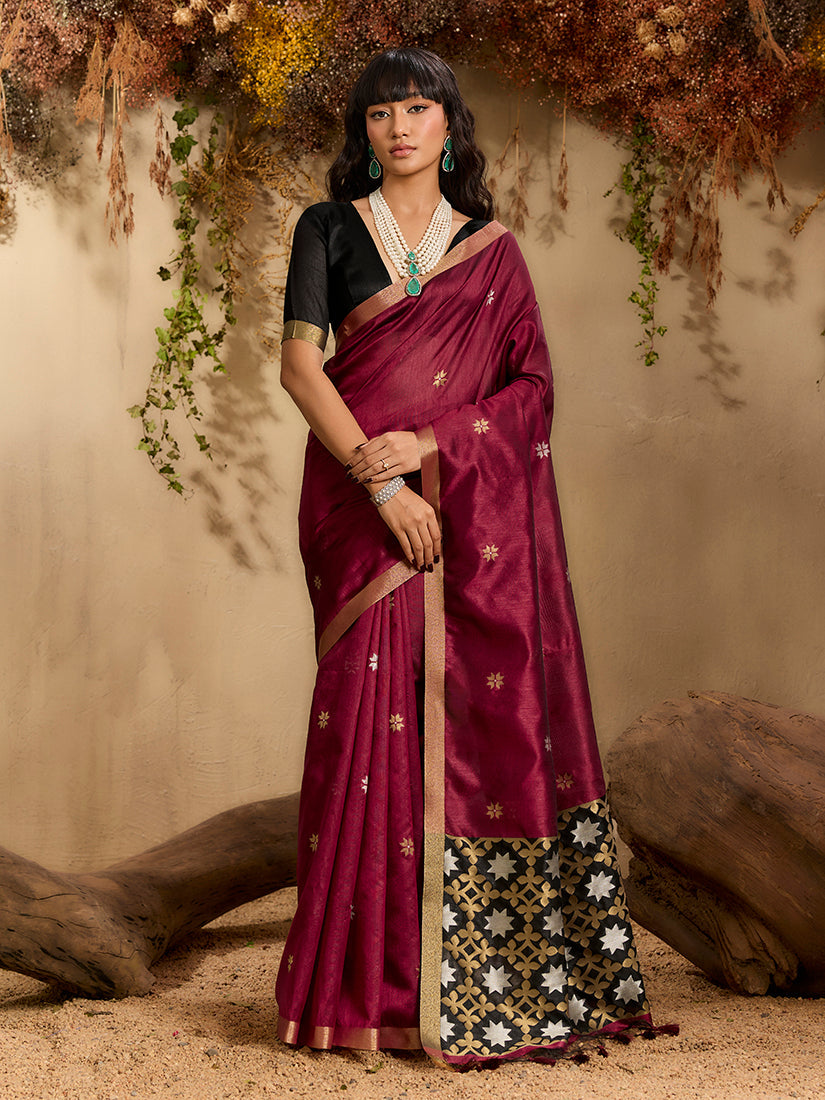 Monjolika Fashion Tussar Silk Blend woven Work Saree in Maroon