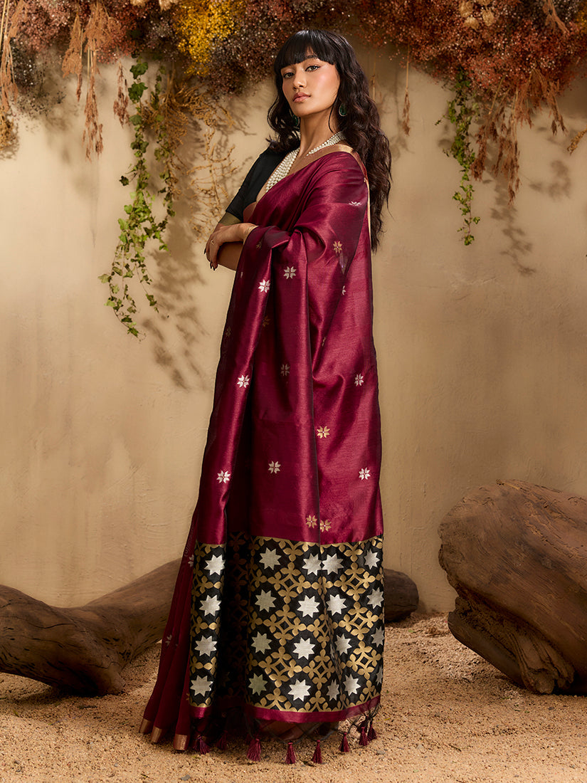 Monjolika Fashion Tussar Silk Blend woven Work Saree in Maroon