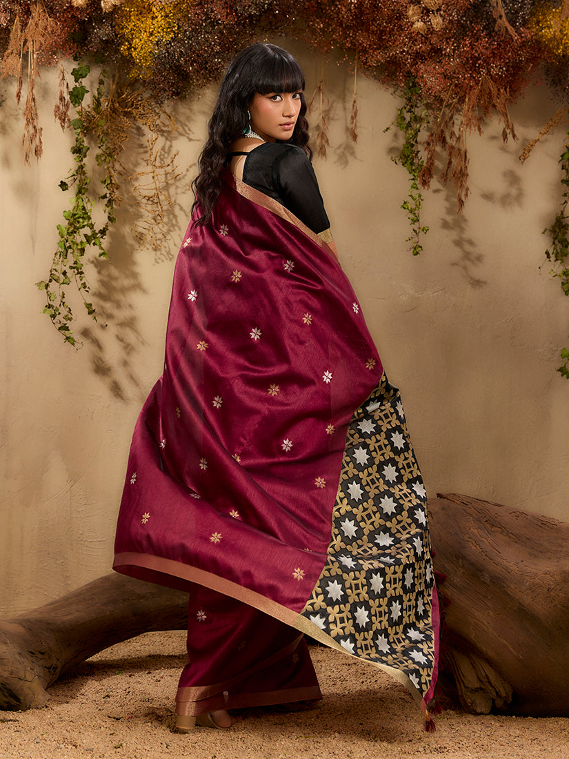 Monjolika Fashion Tussar Silk Blend woven Work Saree in Maroon
