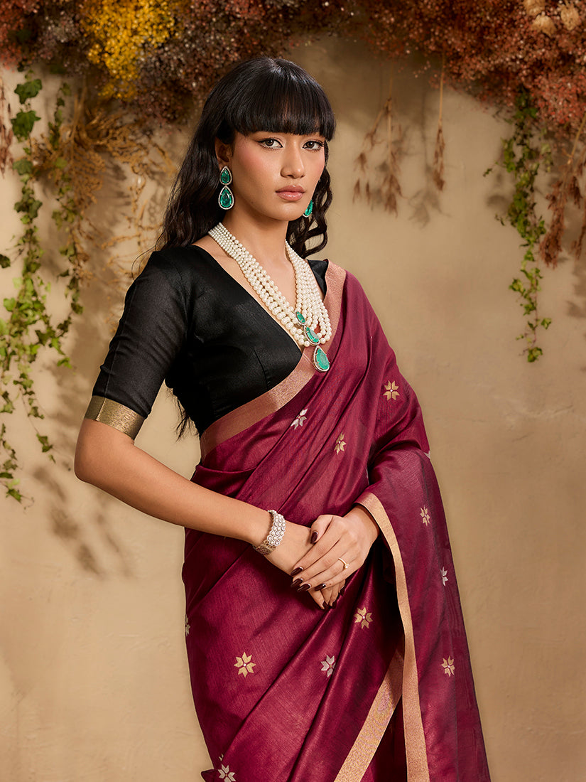 Monjolika Fashion Tussar Silk Blend woven Work Saree in Maroon
