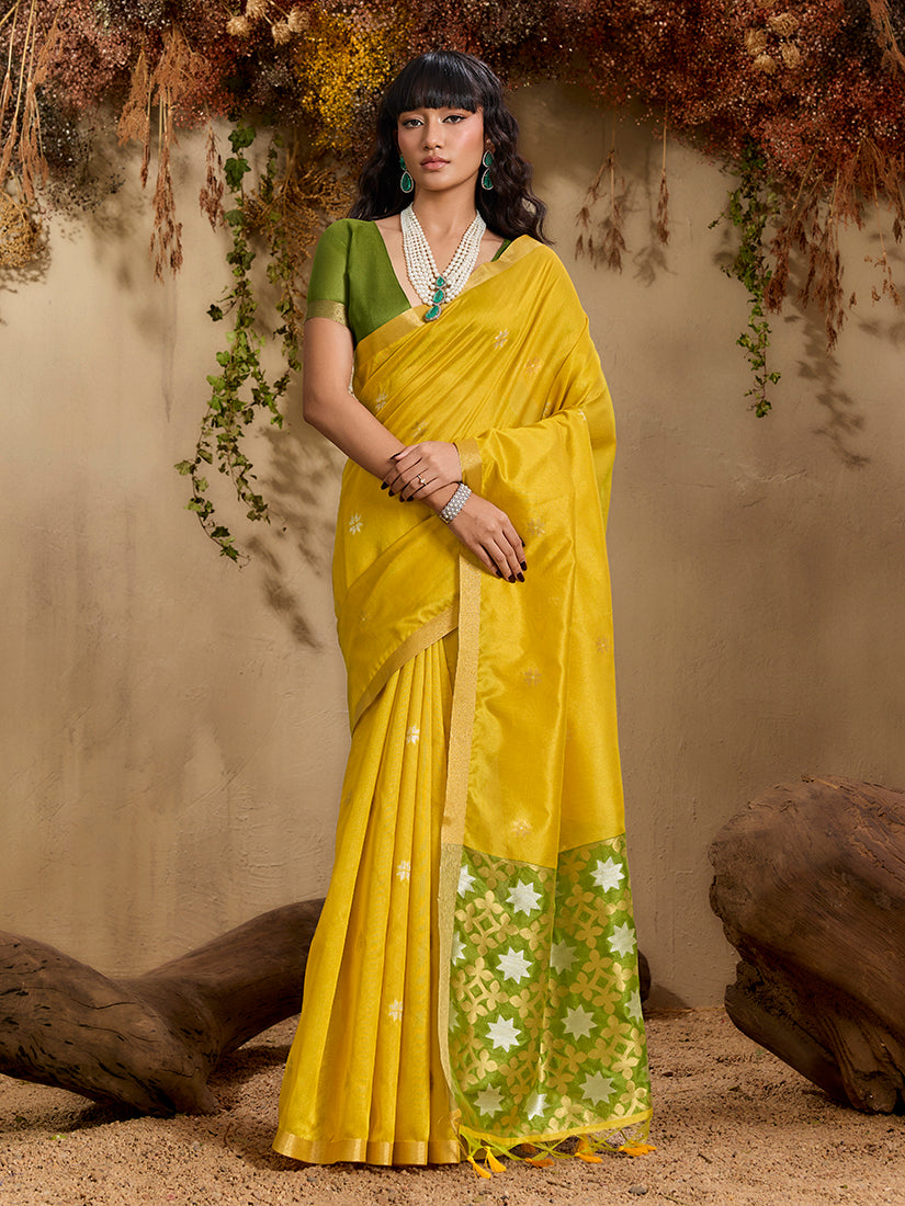 Monjolika Fashion Tussar Silk Blend woven Work Saree in Mustard