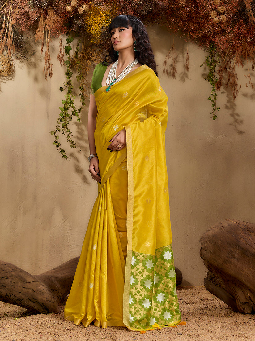 Monjolika Fashion Tussar Silk Blend woven Work Saree in Mustard