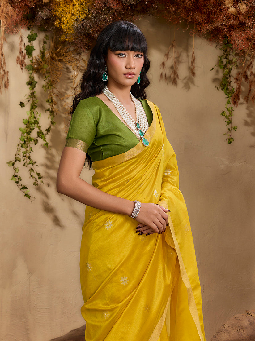 Monjolika Fashion Tussar Silk Blend woven Work Saree in Mustard