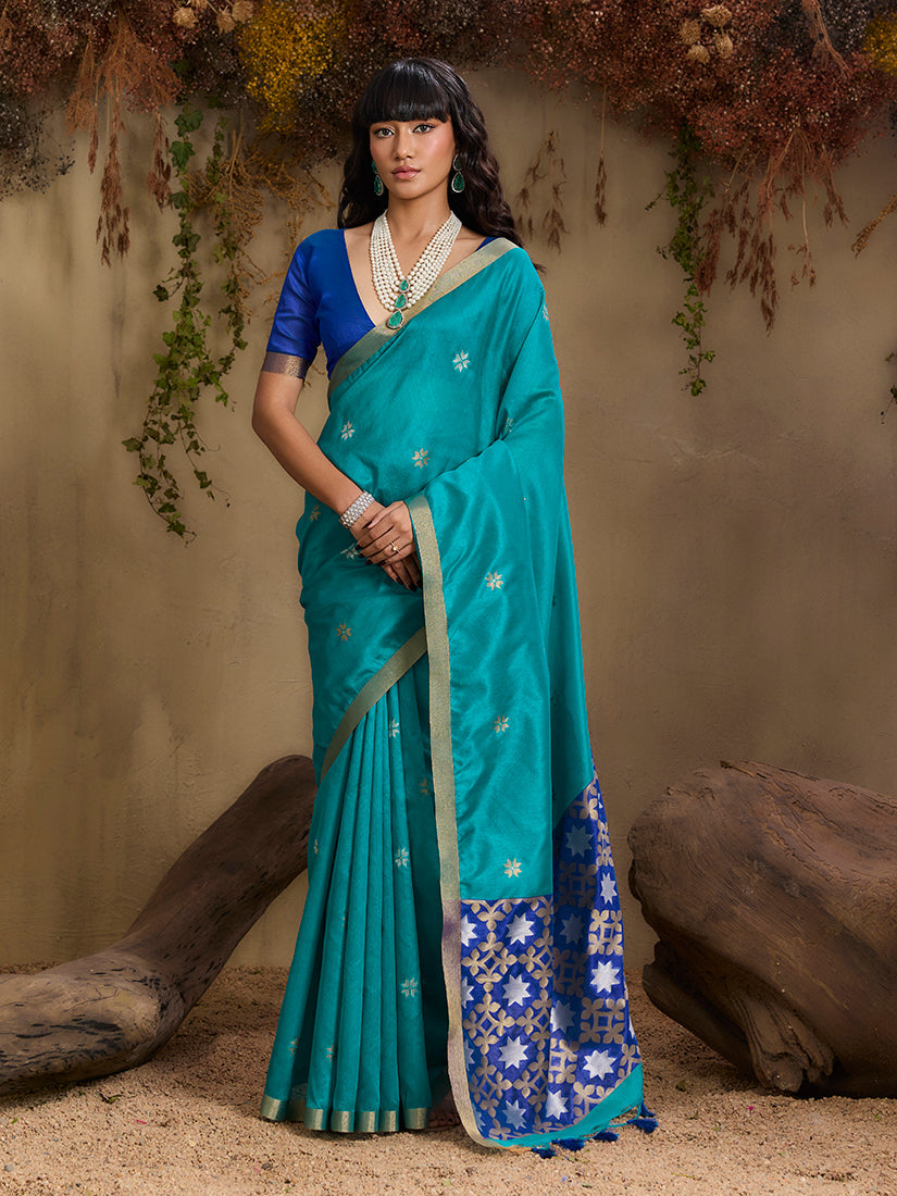 Monjolika Fashion Tussar Silk Blend woven Work Saree in Aqua Blue