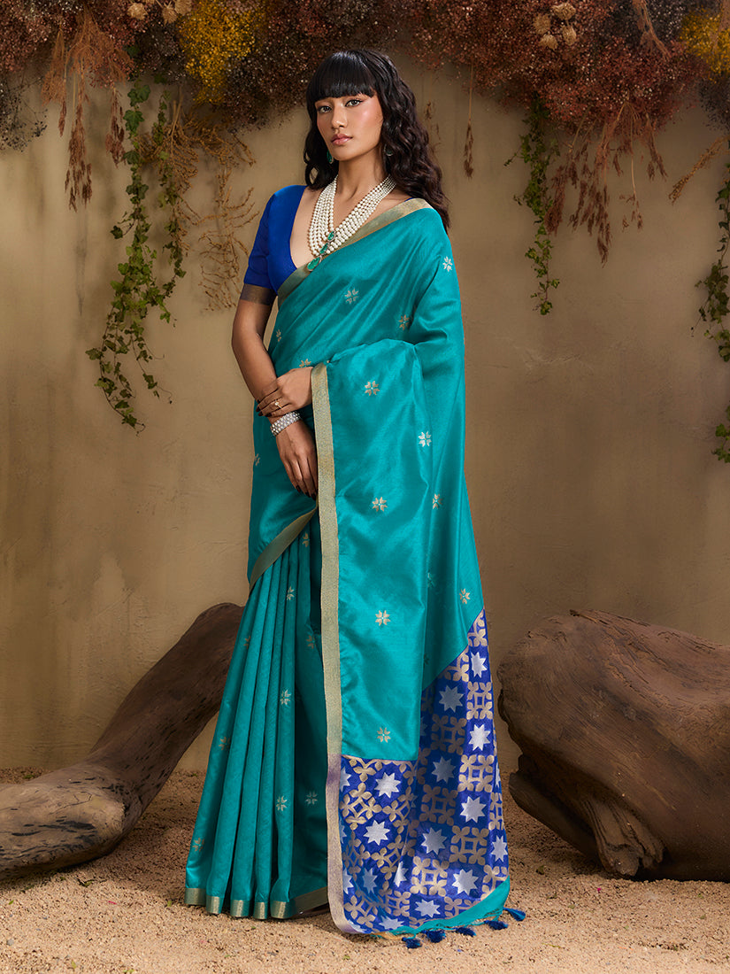 Monjolika Fashion Tussar Silk Blend woven Work Saree in Aqua Blue
