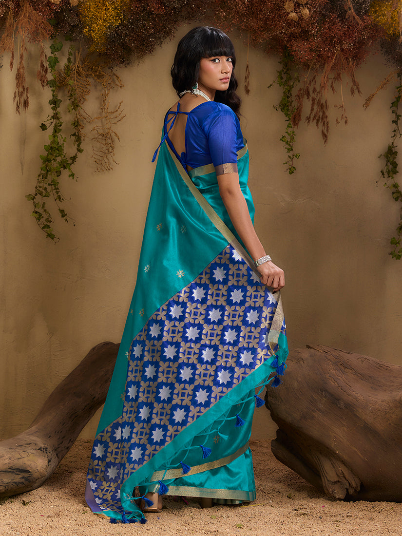 Monjolika Fashion Tussar Silk Blend woven Work Saree in Aqua Blue