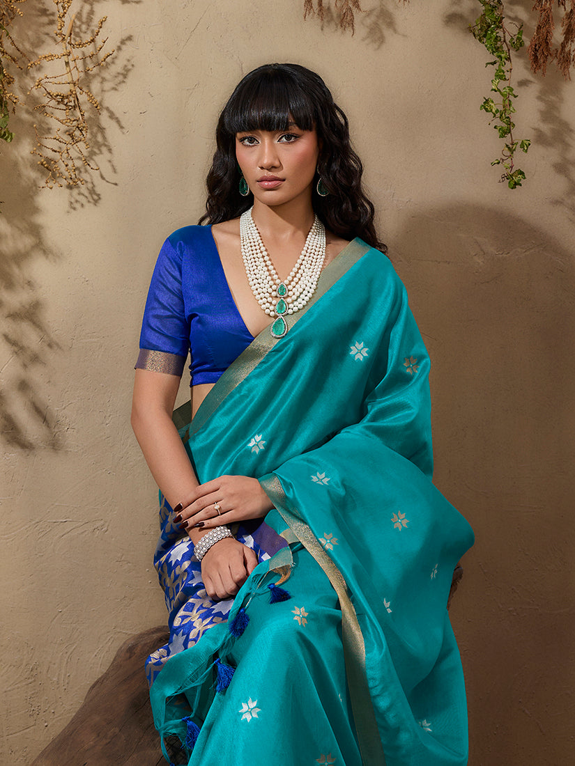 Monjolika Fashion Tussar Silk Blend woven Work Saree in Aqua Blue