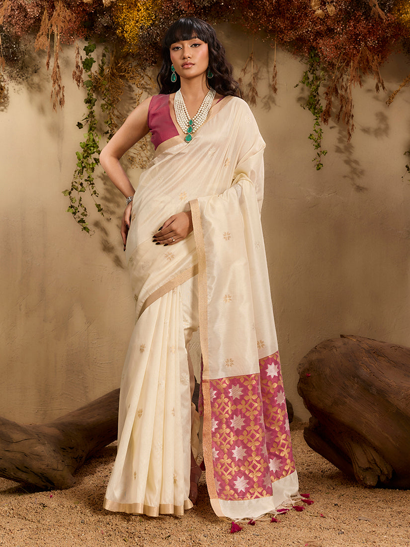 Monjolika Fashion Tussar Silk Blend woven Work Saree in Off White