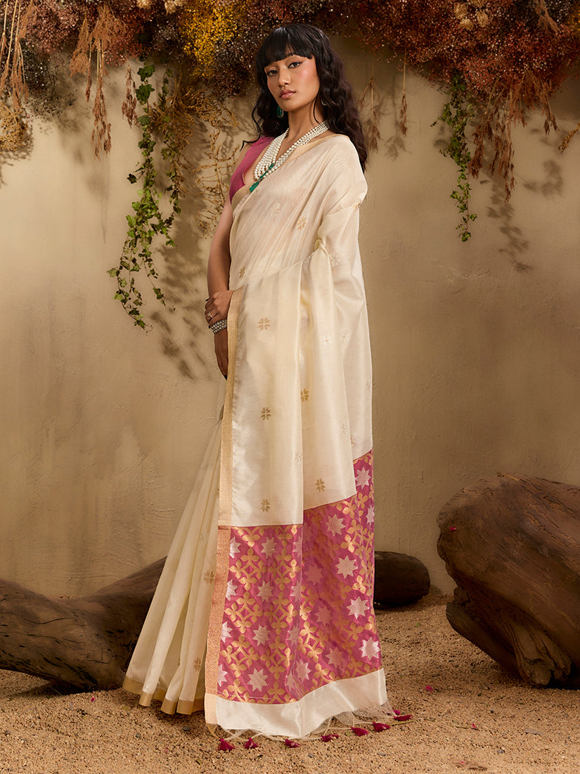 Monjolika Fashion Tussar Silk Blend woven Work Saree in Off White