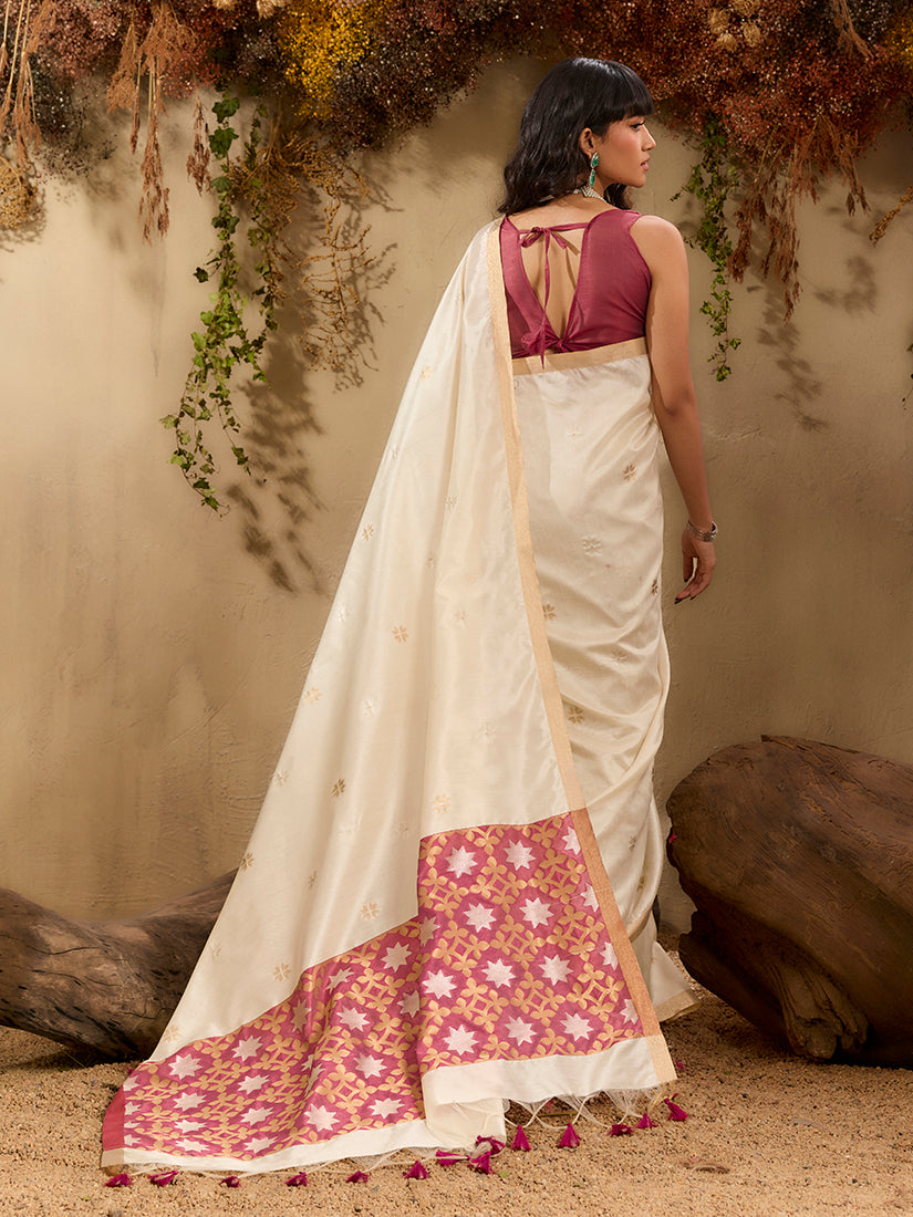 Monjolika Fashion Tussar Silk Blend woven Work Saree in Off White