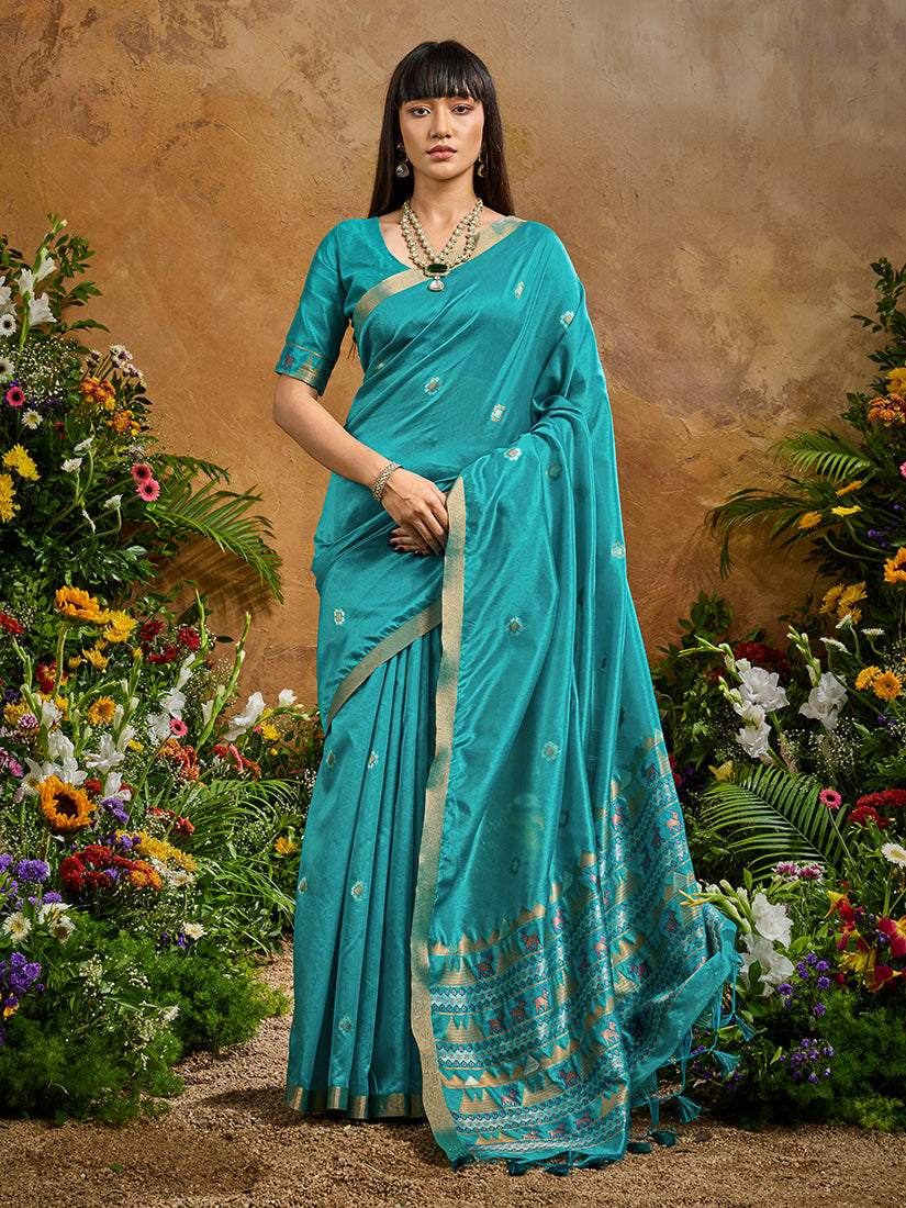 Monjolika Fashion Aqua Blue Tussar Silk Blend woven Work Saree