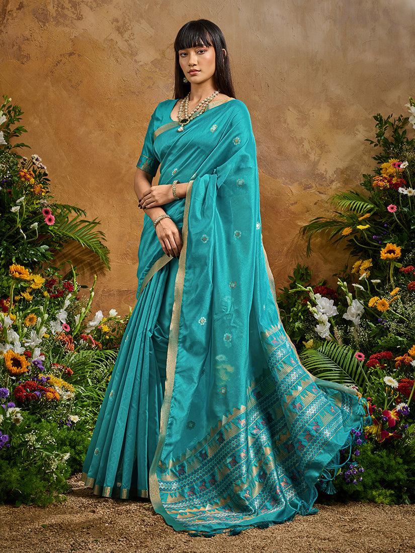 Monjolika Fashion Aqua Blue Tussar Silk Blend woven Work Saree
