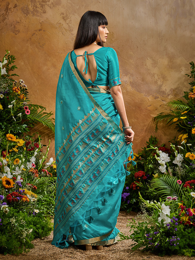 Monjolika Fashion Aqua Blue Tussar Silk Blend woven Work Saree