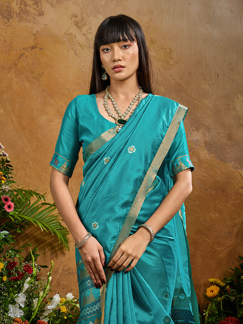 Monjolika Fashion Aqua Blue Tussar Silk Blend woven Work Saree