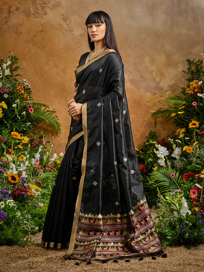 Monjolika Fashion Black Tussar Silk Blend woven Work Saree