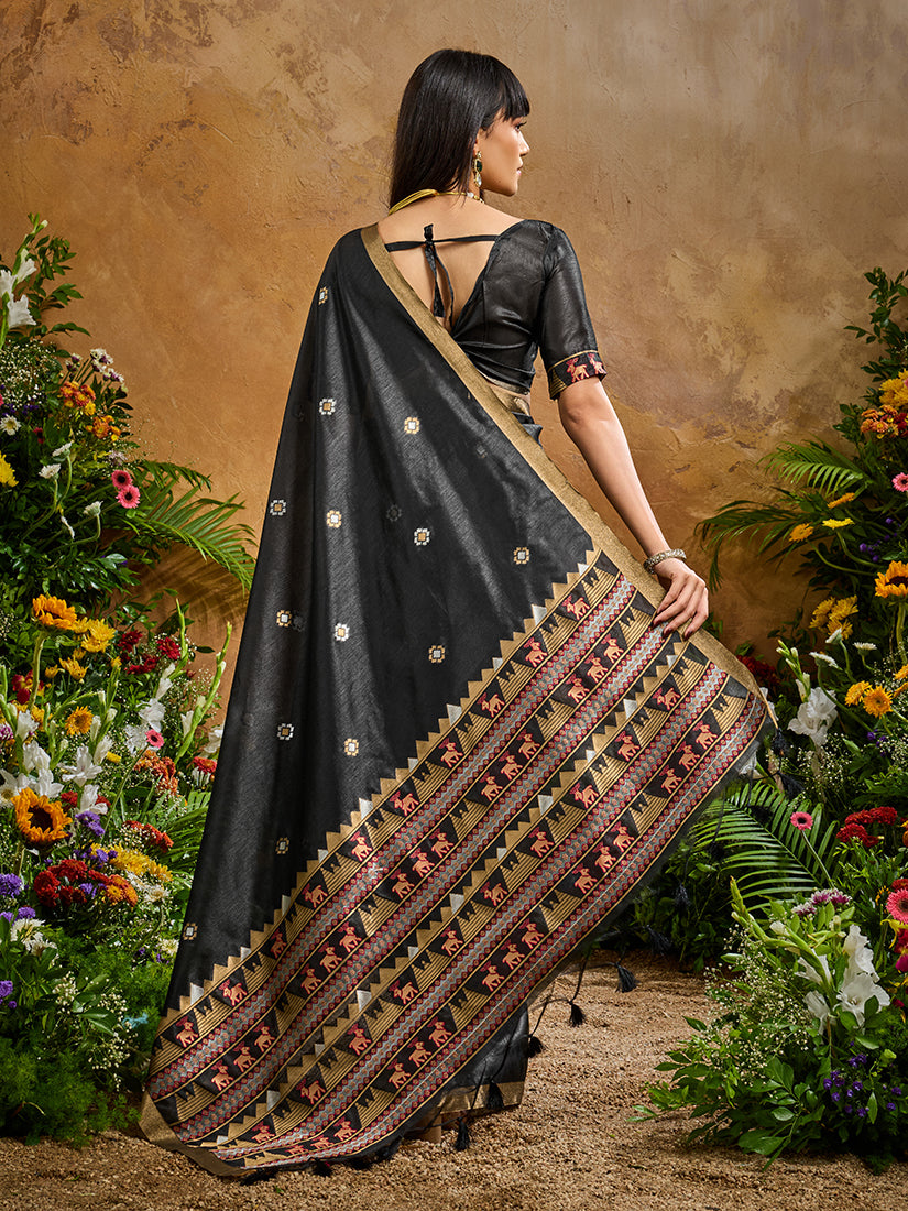 Monjolika Fashion Black Tussar Silk Blend woven Work Saree