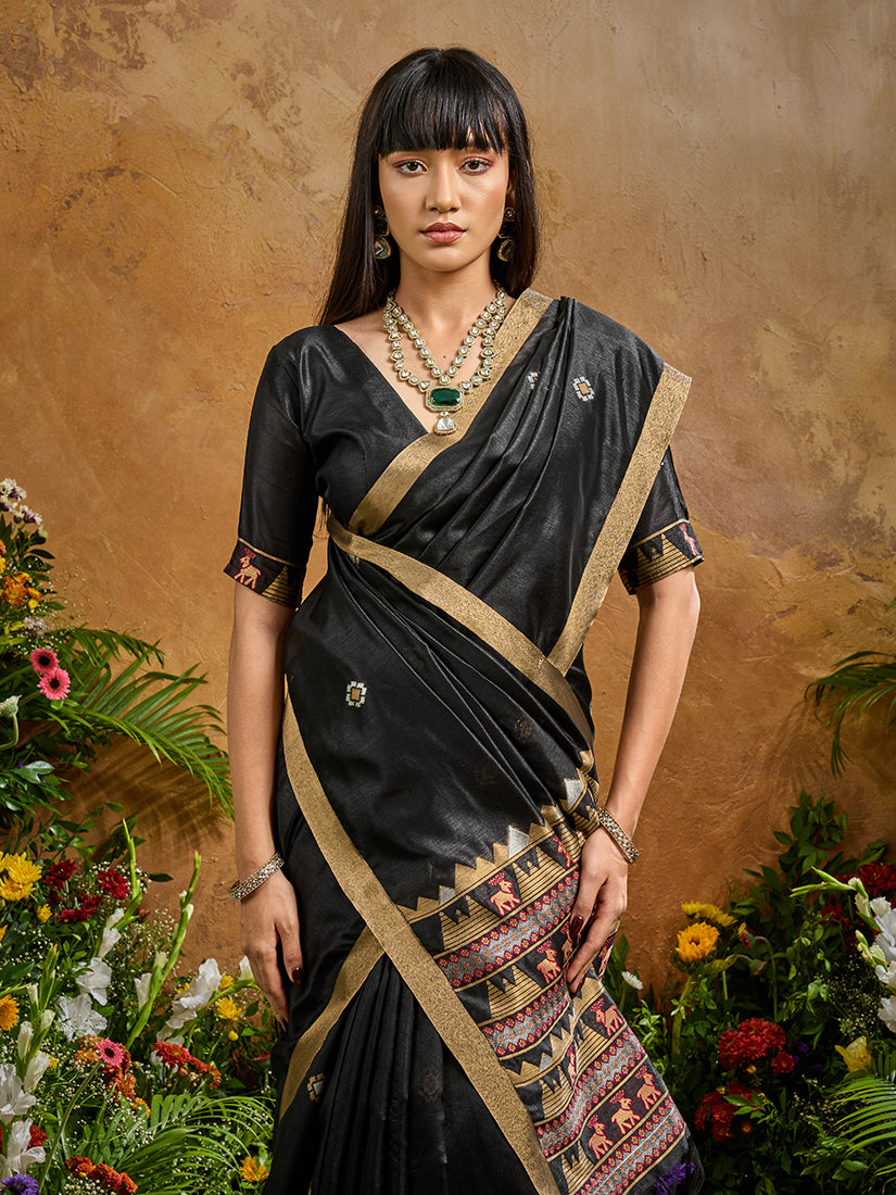 Monjolika Fashion Black Tussar Silk Blend woven Work Saree