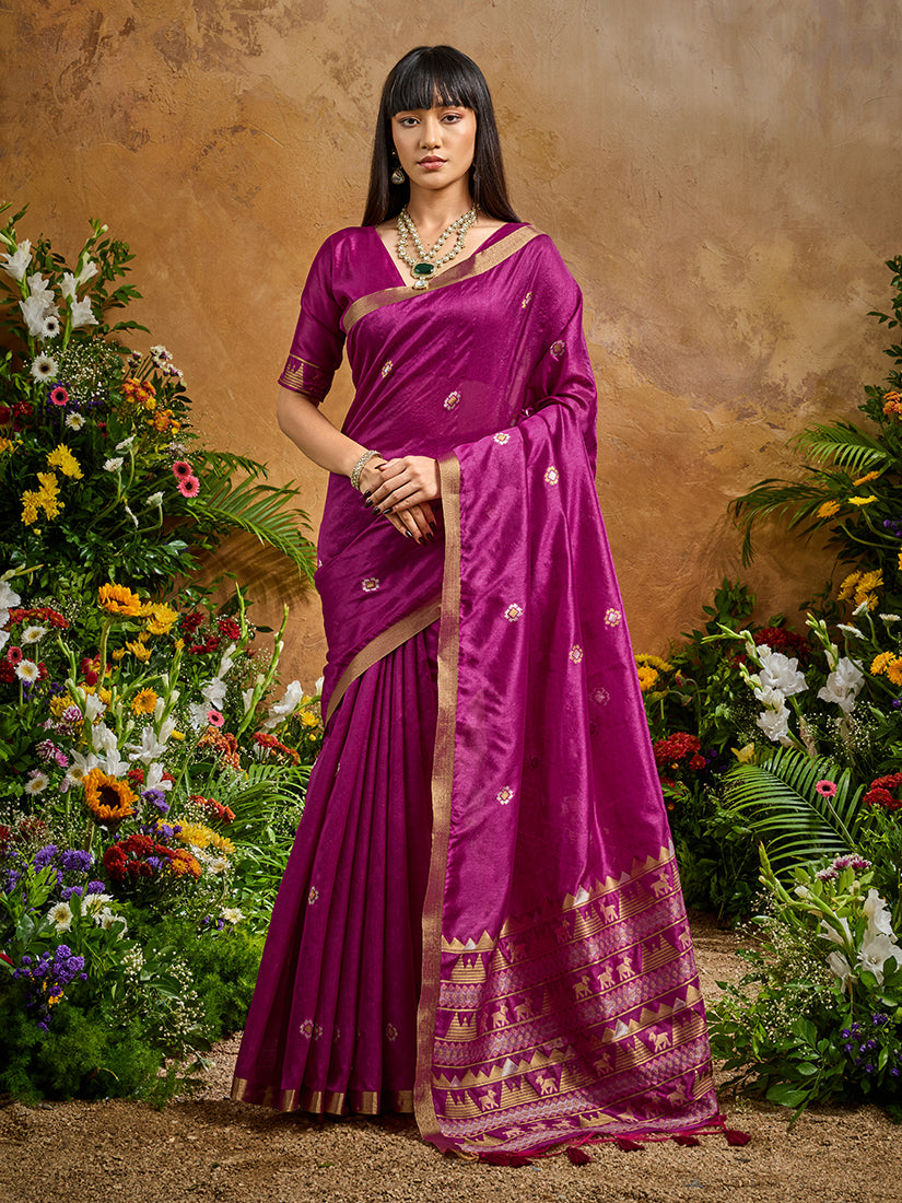 Monjolika Fashion Dark Magenta Tussar Silk Blend woven Work Saree