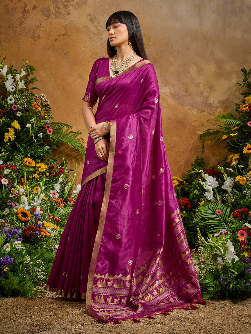 Monjolika Fashion Dark Magenta Tussar Silk Blend woven Work Saree