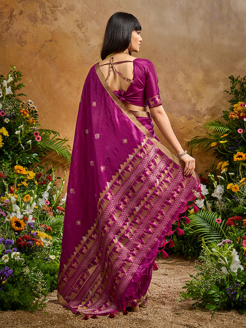 Monjolika Fashion Dark Magenta Tussar Silk Blend woven Work Saree