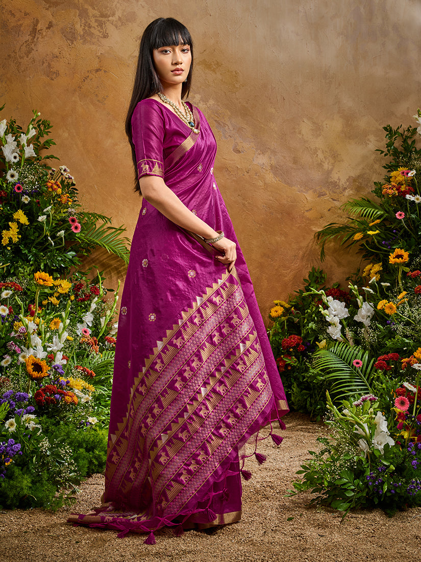 Monjolika Fashion Dark Magenta Tussar Silk Blend woven Work Saree