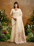 Monjolika Fashion Off White Tussar Silk Blend woven Work Saree