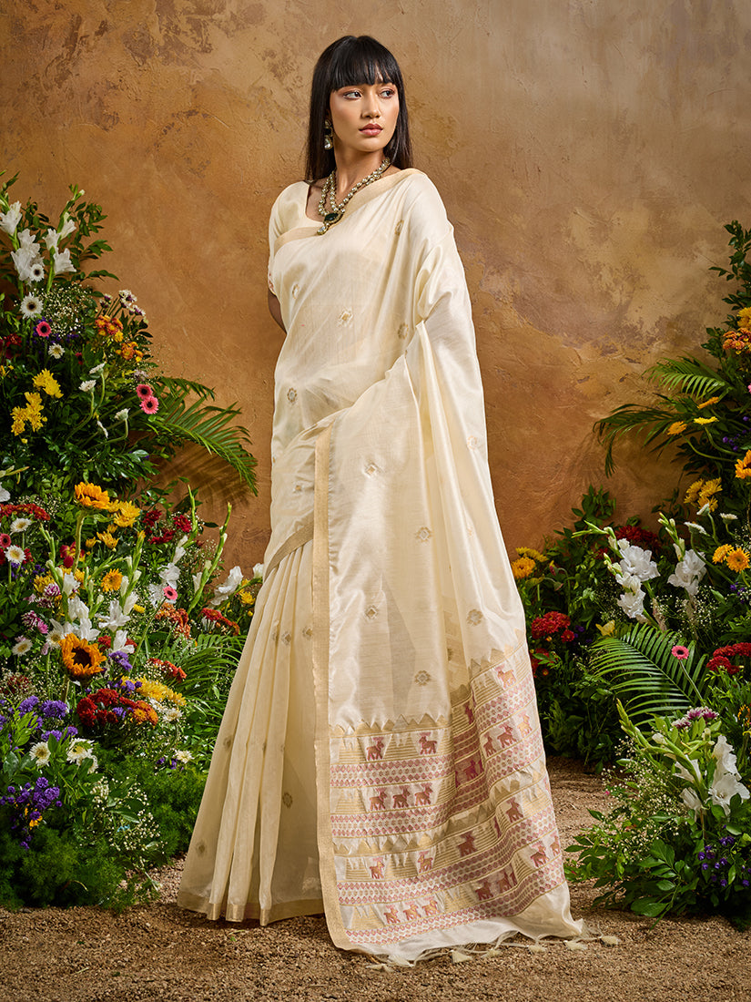 Monjolika Fashion Off White Tussar Silk Blend woven Work Saree