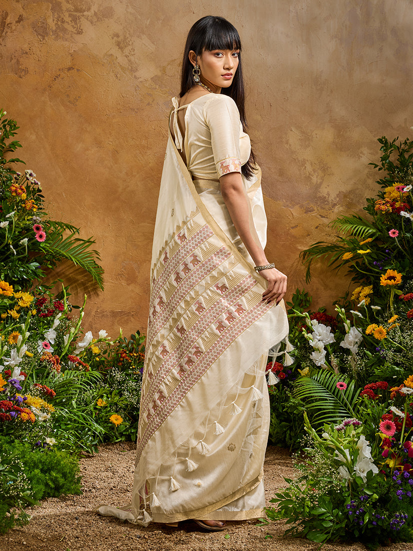 Monjolika Fashion Off White Tussar Silk Blend woven Work Saree