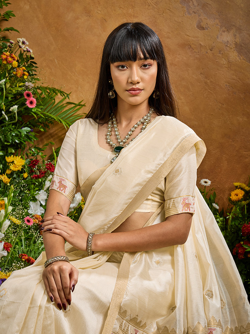 Monjolika Fashion Off White Tussar Silk Blend woven Work Saree