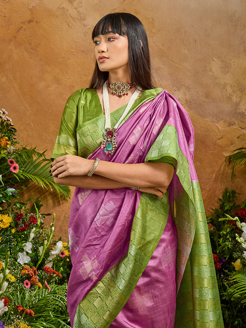 Monjolika Fashion Woven Work Silk Blend Lilac Saree