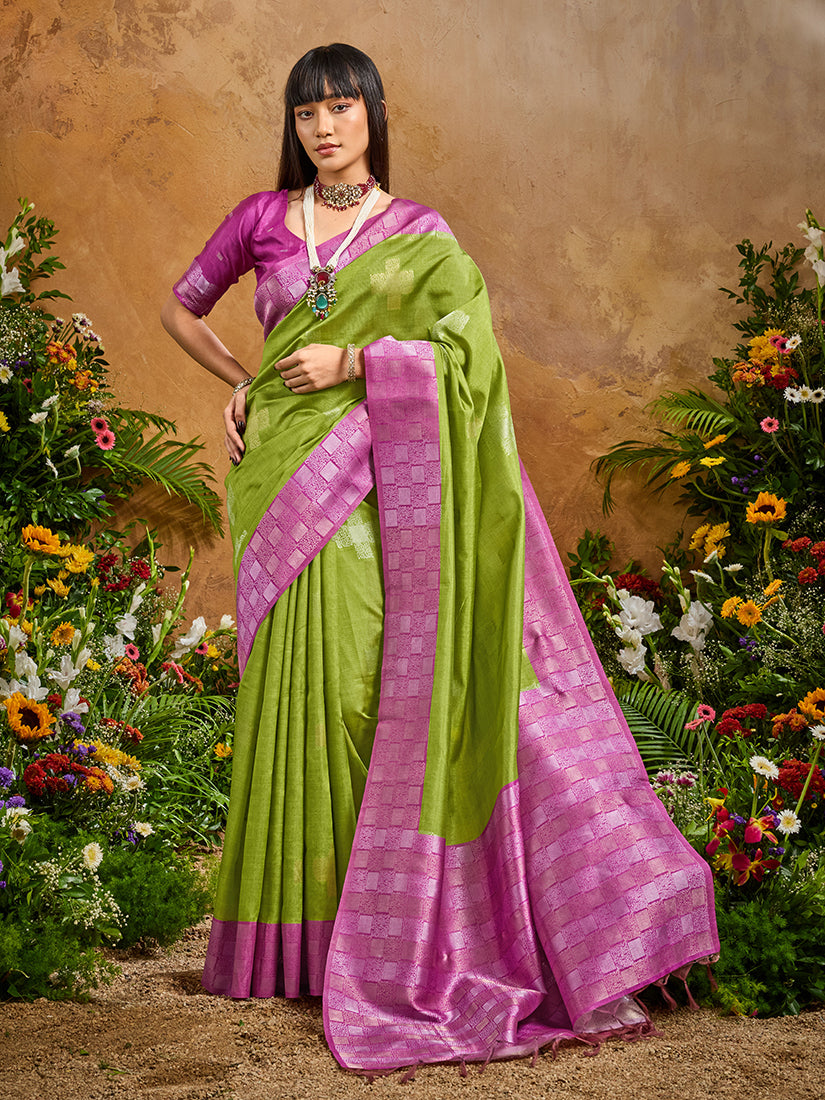 Monjolika Fashion Woven Work Silk Blend Green Saree