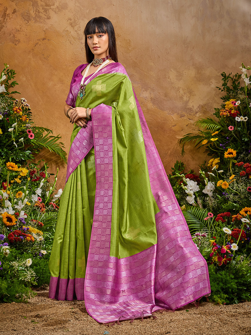 Monjolika Fashion Woven Work Silk Blend Green Saree
