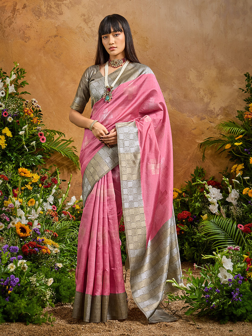 Monjolika Fashion Woven Work Silk Blend Pink Saree