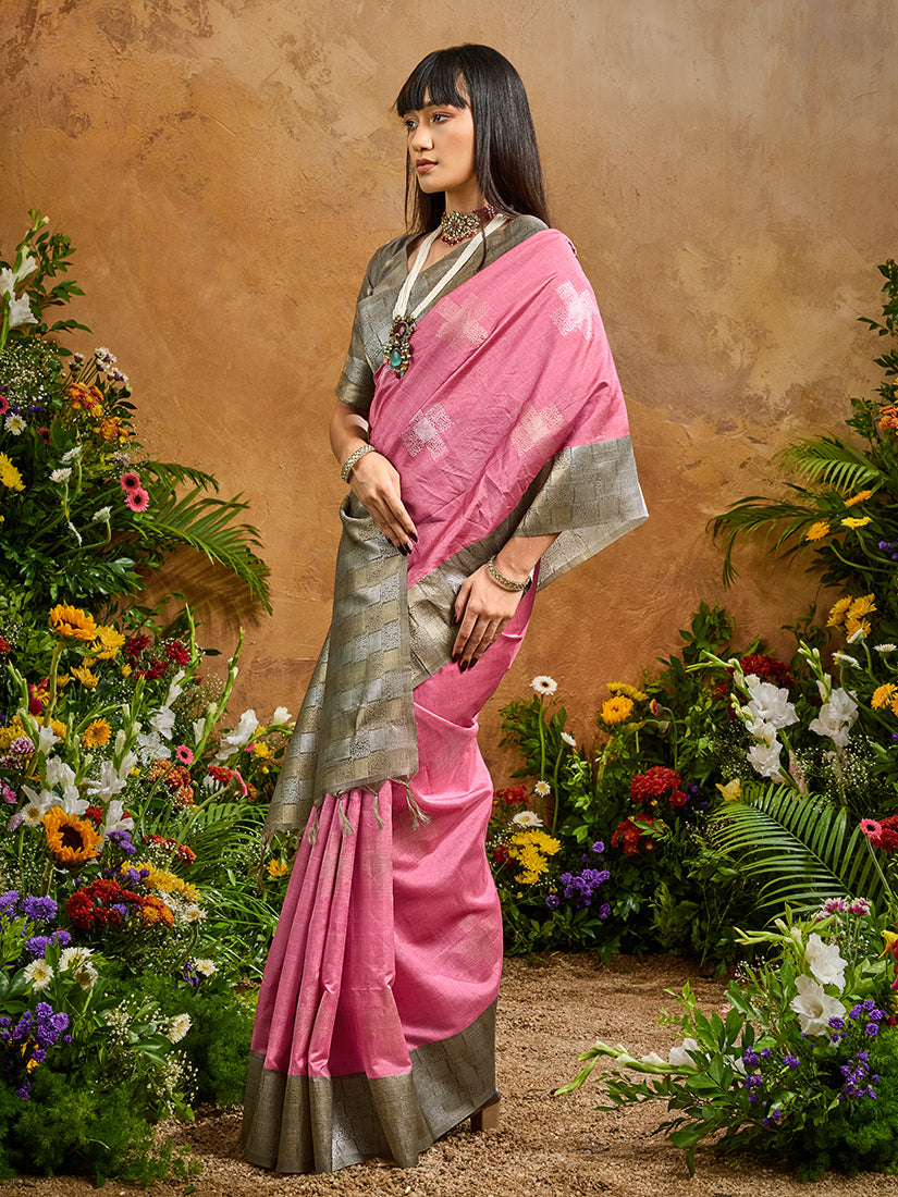 Monjolika Fashion Woven Work Silk Blend Pink Saree