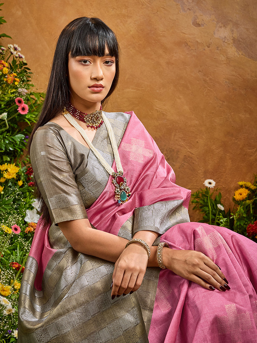 Monjolika Fashion Woven Work Silk Blend Pink Saree