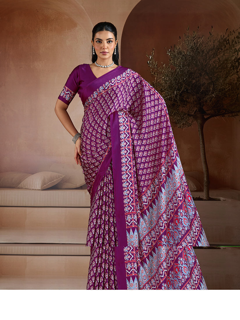 Monjolika Fashion Purple Printed Satin Saree