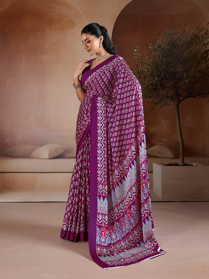 Monjolika Fashion Purple Printed Satin Saree