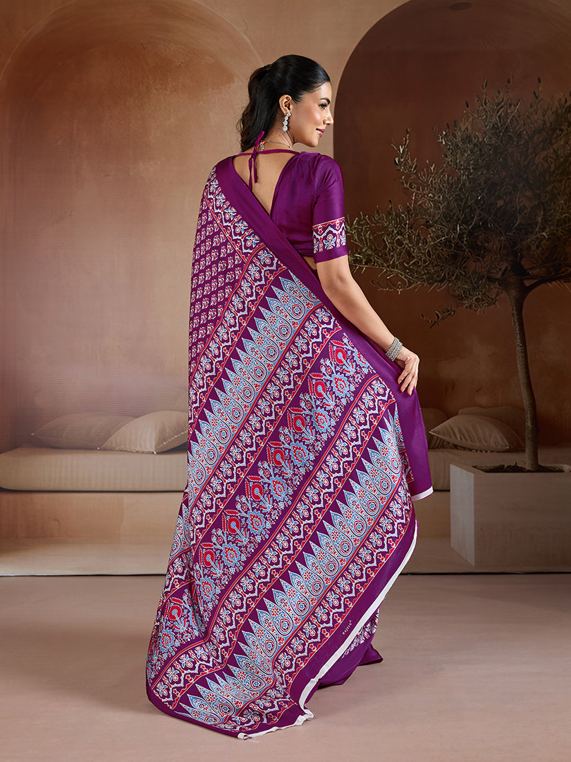 Monjolika Fashion Purple Printed Satin Saree