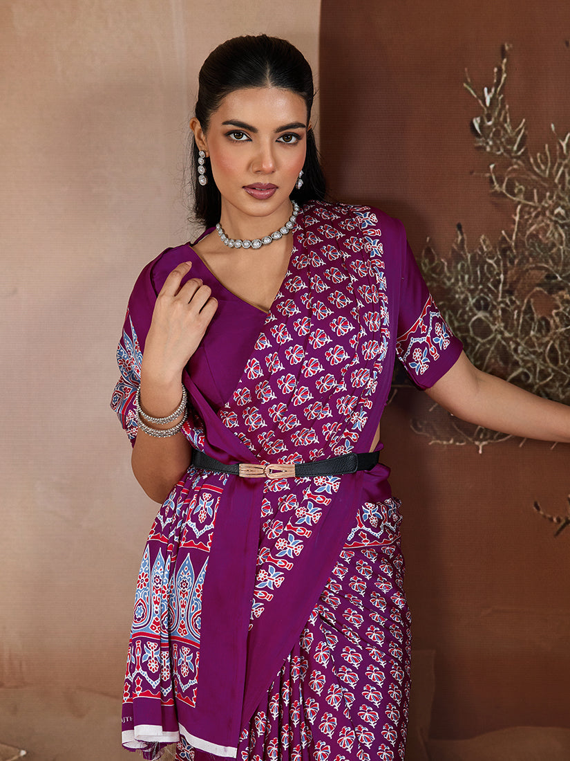 Monjolika Fashion Purple Printed Satin Saree