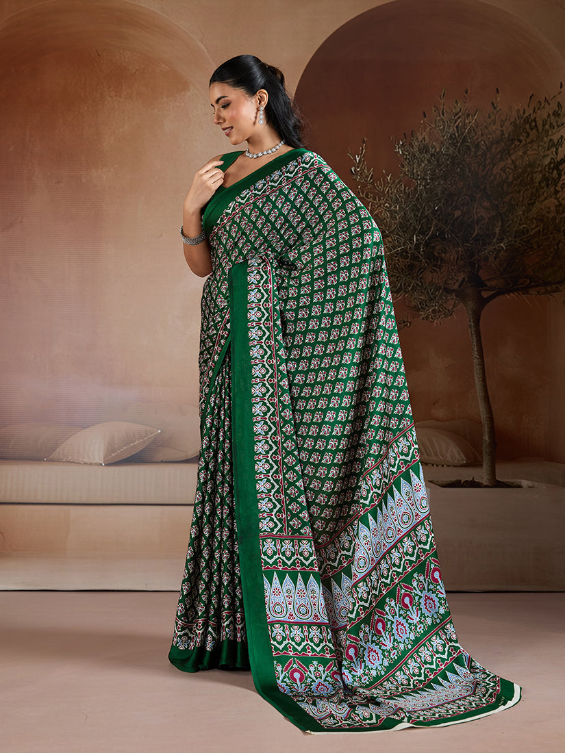 Monjolika Fashion Dark Green Printed Satin Saree