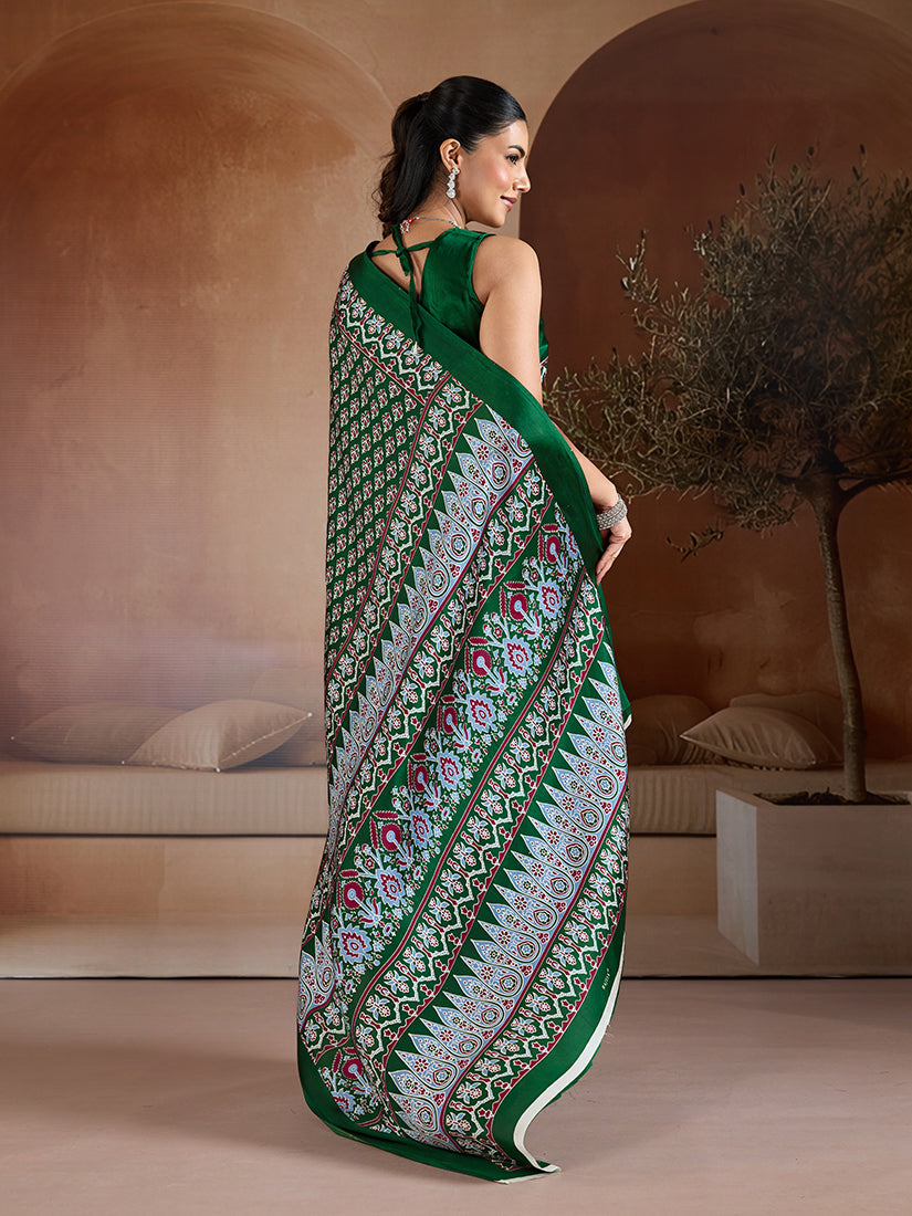 Monjolika Fashion Dark Green Printed Satin Saree
