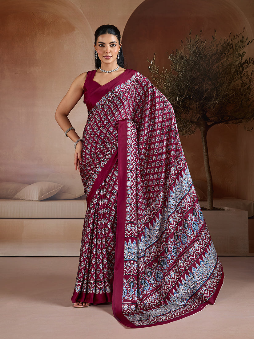 Monjolika Fashion Maroon Printed Satin Saree